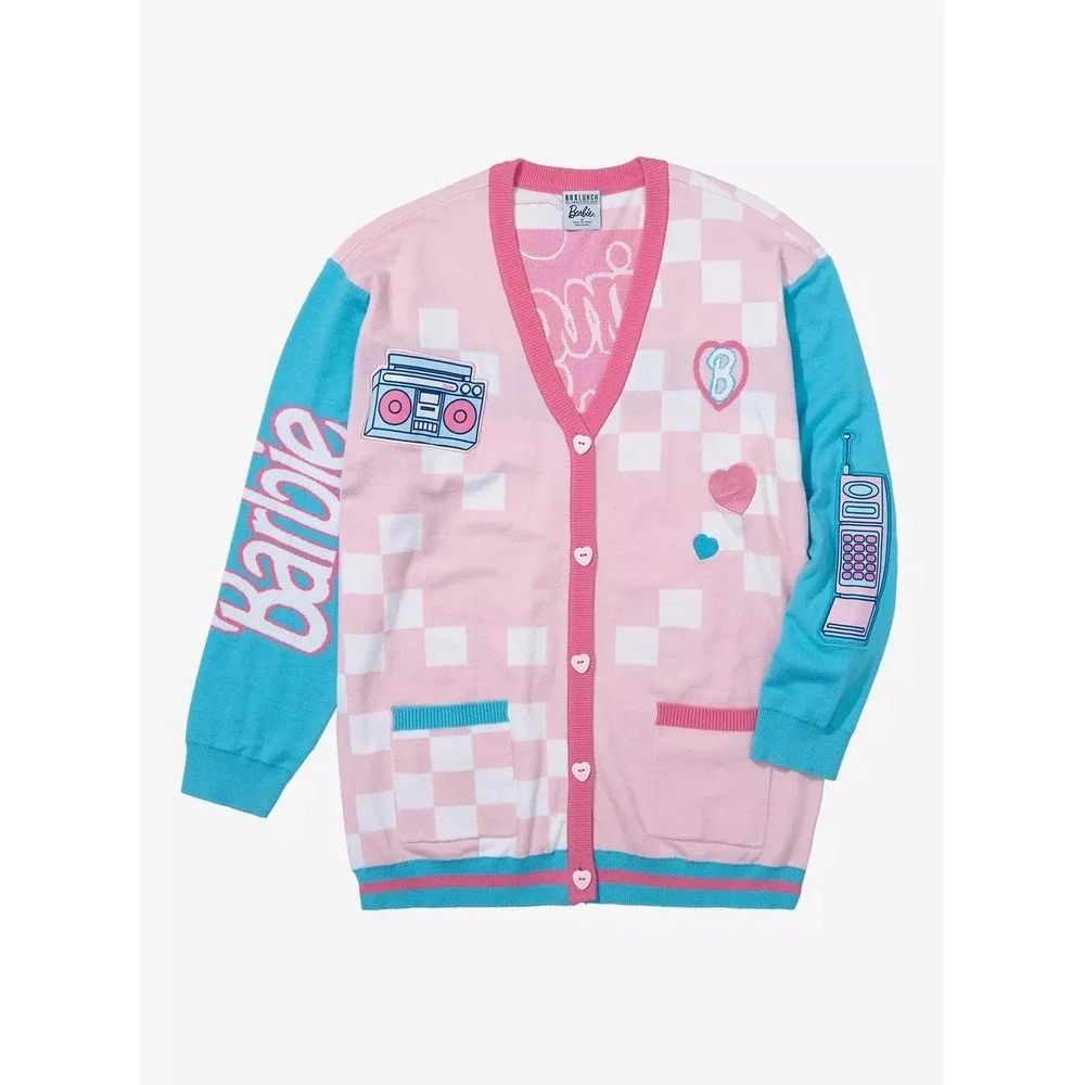 BOXLUNCH Barbie Living the Dream Cardigan Sweater Appliquéd Checked Pink Small